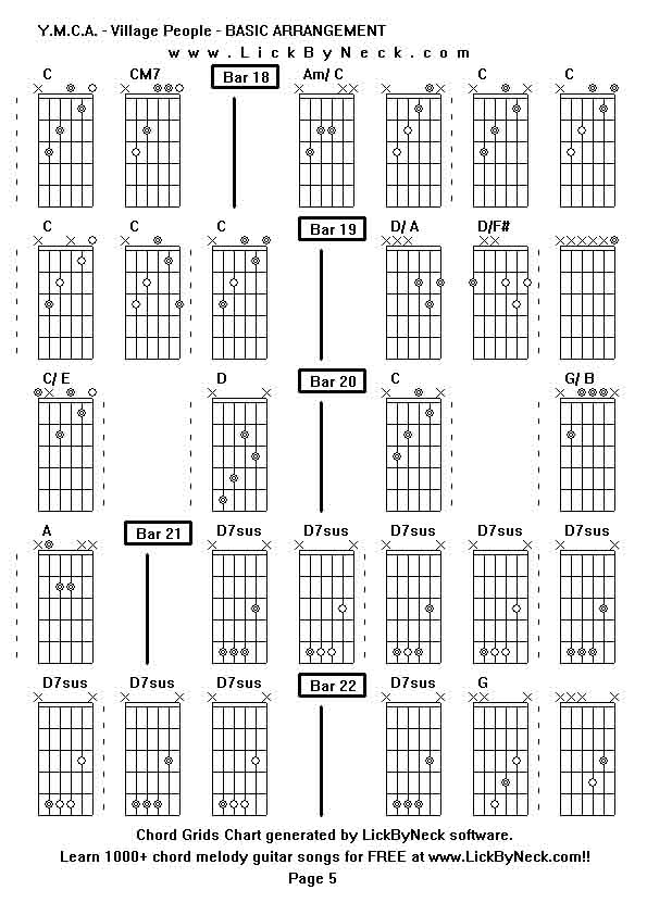 Chord Grids Chart of chord melody fingerstyle guitar song-Y M C A - Village People - BASIC ARRANGEMENT,generated by LickByNeck software.